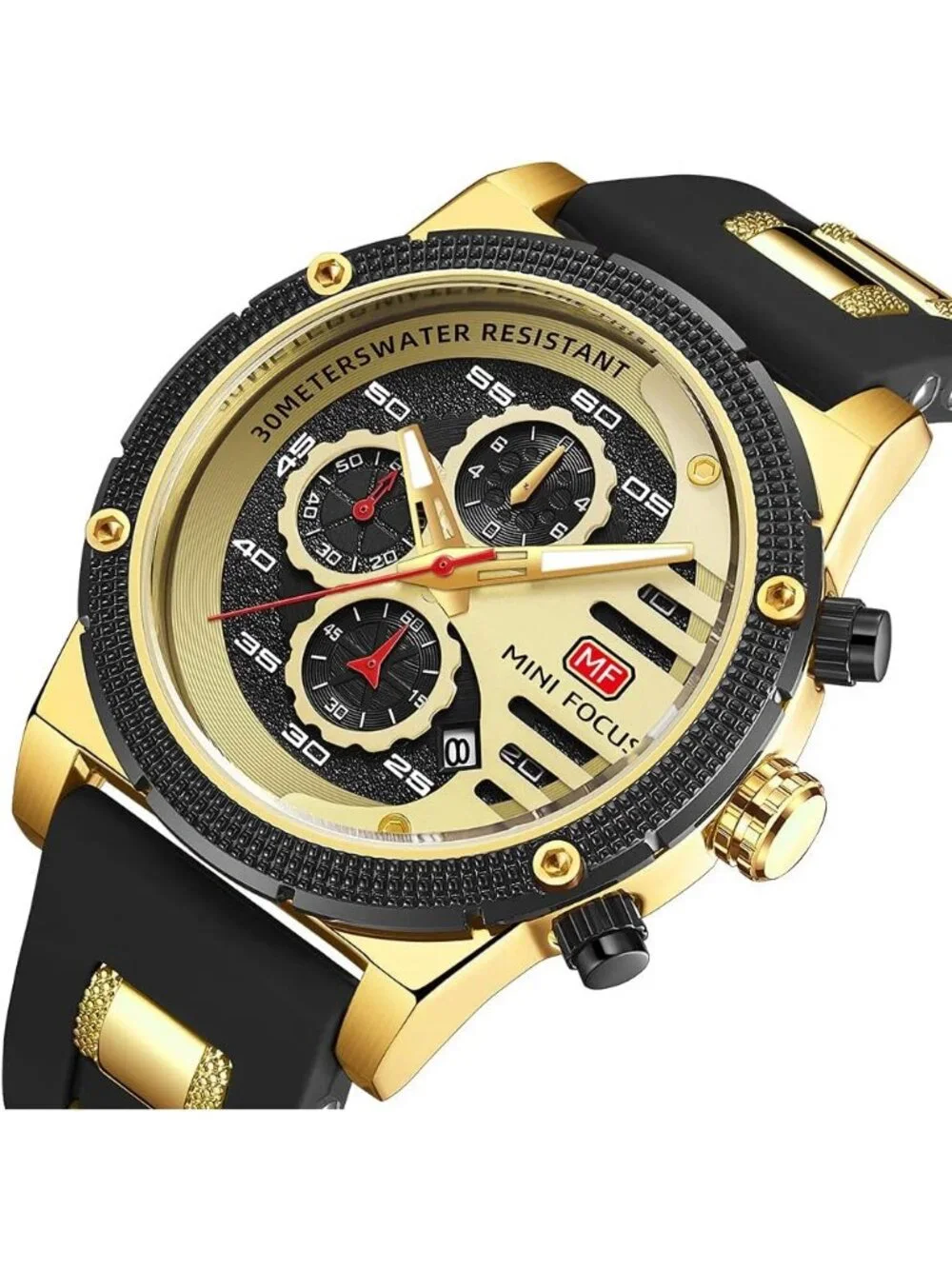 Men's Gold Black Chronograph Waterproof Sport Military Analog Quartz Wristwatch